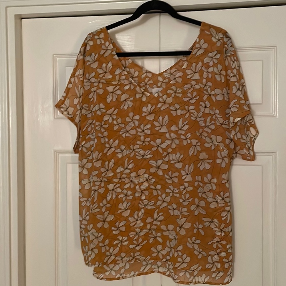 Sheer lined floral dolman sleeve top in marigold and white - EUC